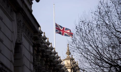 The union flag at half mast over a government building in Westminster on 23 January after the death of King Abdullah of Saudi Arabia.