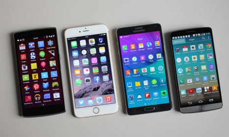 four smartphones, displaying apps