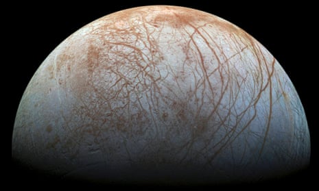 A hemisphere of Jupiter's icy moon Europa.