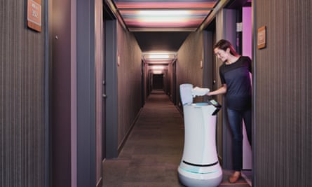 SaviOne is a robot butler that can take towels and food to guest rooms.