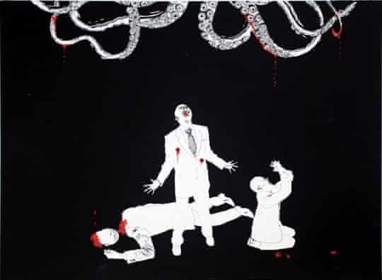 Octopus tentacles and screaming, bloody men