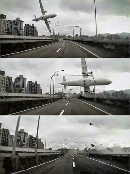 Sequence taken by a car dashcam showing the airplane crashing over the bridge in Taipei.