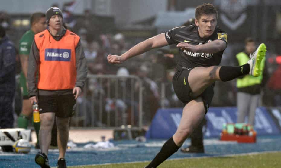 Owen Farrell, seen here kicking Saracens to victory against London Irish, are proponents of the belief that data gives an edge in rugby.