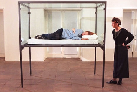 Tilda Swinton sleeps in a glass box at London's Serpentine Gallery in 1995 as part of Cornelia Parker's The Maybe.