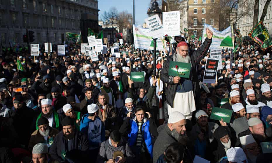 Thousands of Muslims gathered for a demonstration in front of Downing Street, condemning the cartoon