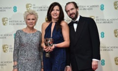 British producer Christine Langan, centre, with Julie Walters, Ralph Fiennes, and the Bafta for outstanding British contribution to cinema.