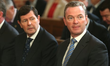 Christopher Pyne with Defence Minister Kevin Andrews at a special Ecumenical Service before the start of the Parliamentary year this morning at Canberra Baptist church in Kingston, Monday  9th February 2015.