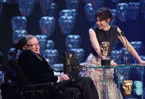 Stephen Hawking and Felicity Jones presenting the award for special visual effects, which went to Interstellar.