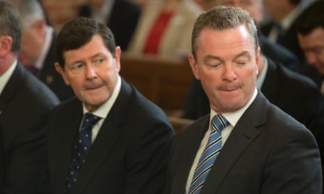 Education Minister Christopher Pyne and Defence Minister Kevin Andrews at an Ecumenical service before the start of Parliament at the Canberra Baptist church in Kingston this morning, Monday 9th February 2015.