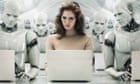 Business woman surrounded by robots.