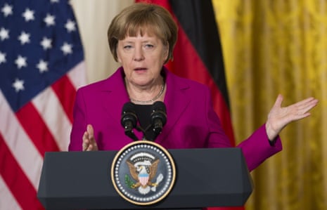 German Chancellor Angela Merkel speaks during a joint press conference with US President Barack Obama in the East Room of the White House in Washington, DC, February 9, 2015.