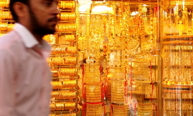 Arab and golden jewellery at a souk at Deira, Dubai, UAE, United Arab Emirates, Middle East, Asia