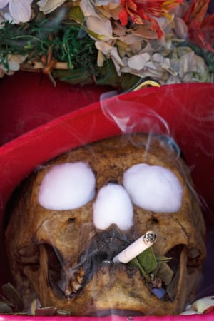 A smoking skull in a home in La Paz, Bolivia
