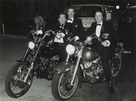 Chef Jeremiah Tower on a motorcycle to the Black and White Ball in April 1982.