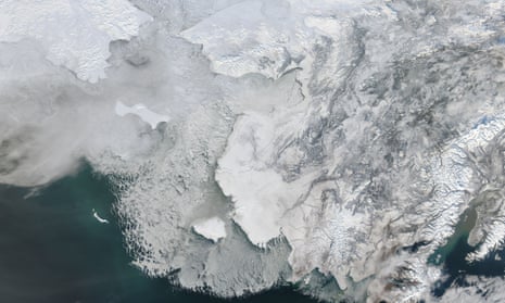 Melting sea ice off western Alaska, on February 4, 2014. Alaska lies to the east in this image, and Russia to the west. The Bering Strait, covered with ice, lies between to two. South of the Bering Strait, the waters are known as the Bering Sea. To the north lies the Chukchi Sea. Melting sea ice off western Alaska, on February 4, 2014
