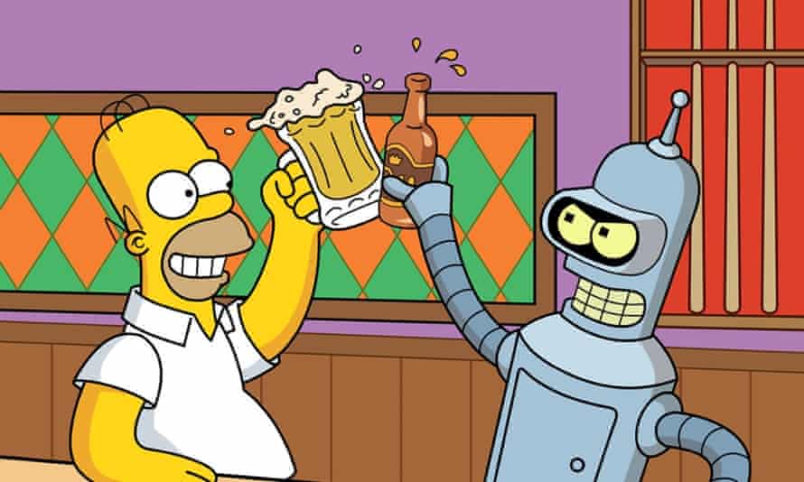 Homer Simpson and Bender share a beer
