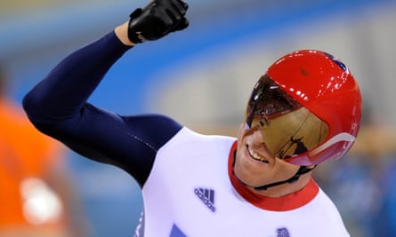 Dominant Chris Hoy celebrates winning gold in the mens keirin final at the 2012 Olympics.