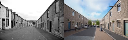 Terraced homes in Accrington, Lancashire, before and as it is expected to look after a renovation by PlaceFirst.