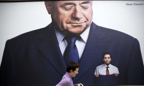 A recent Conservative party poster which depicts Labour party leader Ed Miliband in the pocket of former Scottish first minister Alex Salmond. Labour are expected to rule out a coalition with the Scottish party.