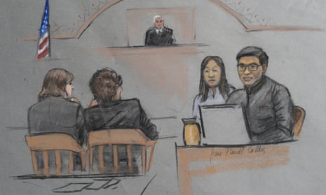 In this courtroom sketch, Dun Meng, far right, testifies during the federal death penalty trial of Boston Marathon bombing suspect Dzhokhar Tsarnaev in Boston Thursday.
