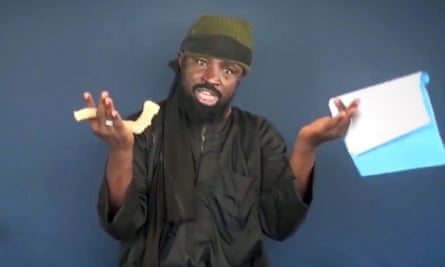 Boko Haram leader Abubakar Shekau making a statement at an undisclosed location.