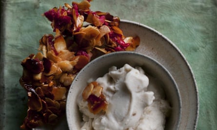 Nigel Slater's rose and almond brittle next to a bowl of his banana and cardamom frozen yogurt