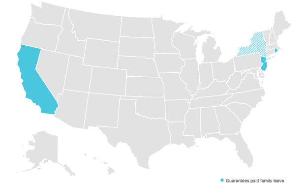A map of the United States with California, New Jersey and Rhode Island highlighted