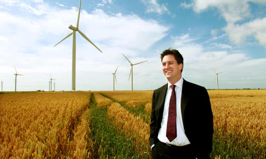 Ed Miliband when he was secretary of state for energy and climate change at RWE npower renewables' Little Cheyne Court Wind Farm,  England.