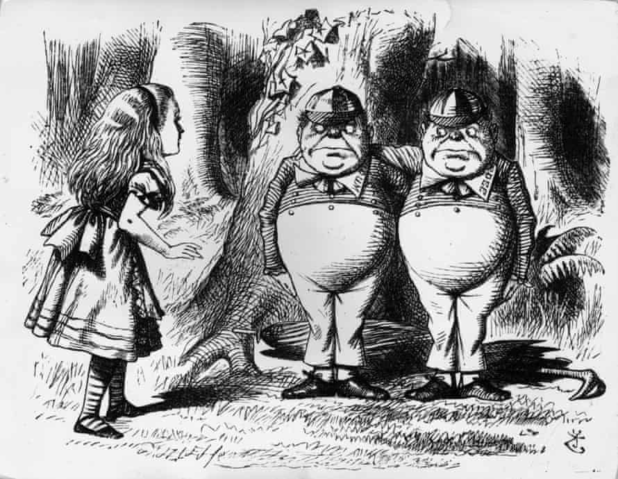 Tenniel's drawing of Alice meeting Tweedledum and Tweedledee, from 1872.