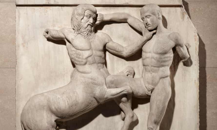Marble metope from the Parthenon shows the battle between Centaurs and Lapiths at the marriage-feast of Peirithoos (438-432BC)