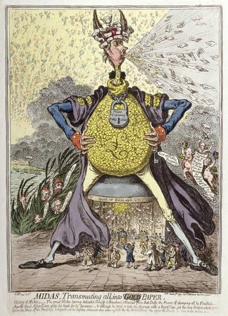 Gillray's Midas Transmuting All into Gold Paper, published by Hannah Humphrey in 1797 (hand-coloured etching). Courtesy of the Warden and Scholars of New College, Oxford