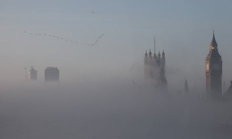 Fog seen partially covering the skyline of London, UK on 19 February 2013.