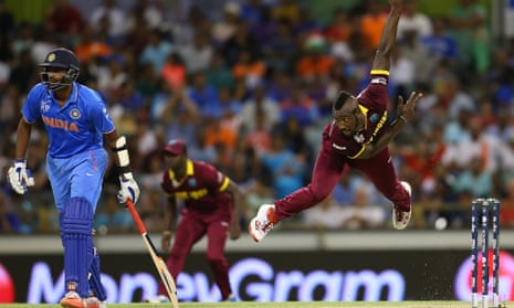 West Indies all rounder Andre Russell bowling against India during the 2015 ICC Cricket World Cup at the WACA in Perth, Australia
