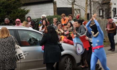 Protesters block the Ukip leader's car.