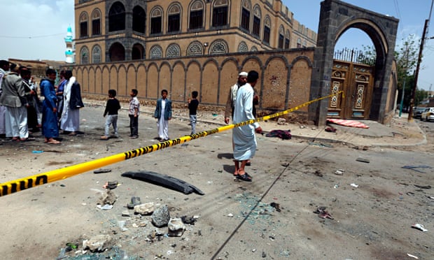 Houthi militia at one of the bombed mosques in Sana'a