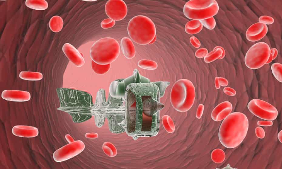 Artist's impression of a medical nanorobot in the blood stream.