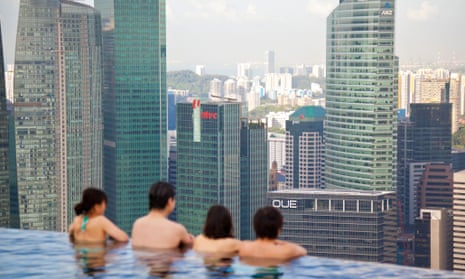 Sands SkyPark infinity pool on the 57th floor of the Marina Bay Sands Hotel in Singapore.