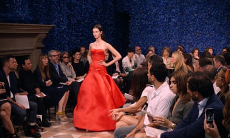 A model presents a gown from Raf Simons' first collection for Dior.
