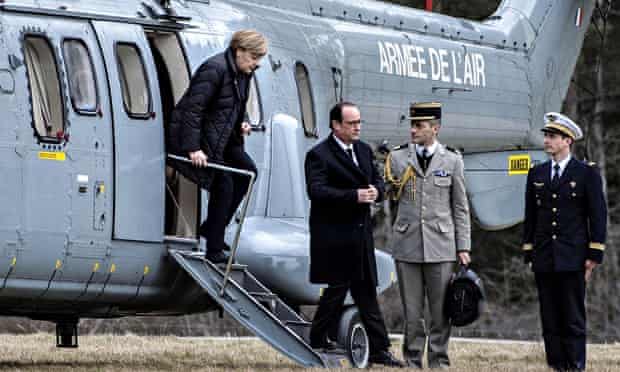 French President Francois Hollande and German Chancellor Angela Merkel at the Germanwings crash site