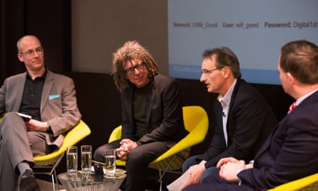Guardian Live - Is big money ruining English football, London, 23 March 2015 (l-r) Duncan Drasco, David Goldblatt, Pat Nevin and Damian Collins.