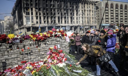 Makeshift memorial to Maidan protesters killed during clashes with police that overthrew the government in Ukraine.