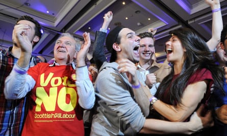 Pro-union supporters celebrate as Scottish independence referendum results are announced at a Better Together event in Glasgow