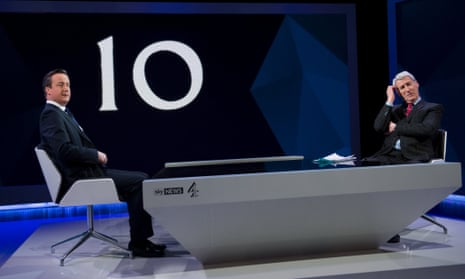 Prime Minister David Cameron is interview by Jeremy Paxman (right) on the Sky News/Channel 4 programme: Cameron & Miliband Live: The Battle for Number 10, at the Sky Studios in Osterley, west London, Thursday March 26, 2015. REUTERS/Stefan Rousseau/Pool:rel:d:bm:GF10000039954