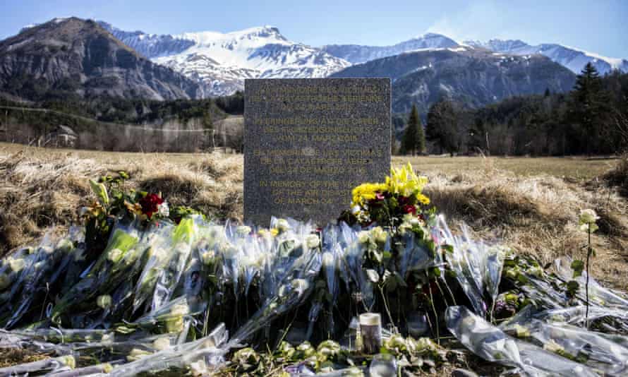 A stele, carved in French, German, Spanish and English, in memory of the victims of the Germanwings Airbus A320 crash, is pictured in the small village of Le Vernet.