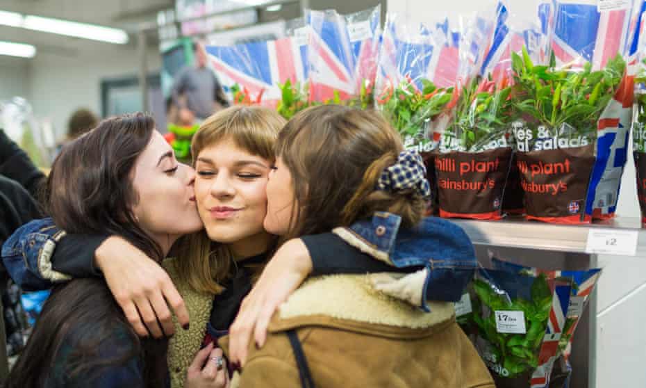 Students stage a kiss-in at a Sainsbury’s store in Brighton last year after two gay women were threatened with ejection for kissing.