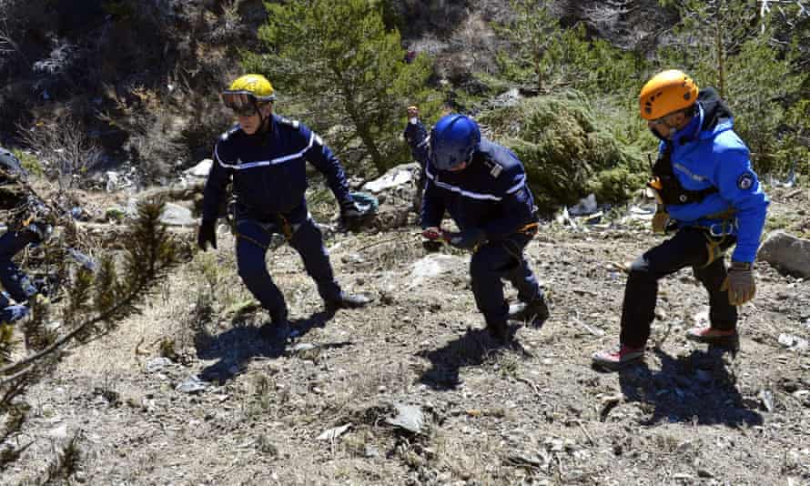 Rescuers from the Gendarmerie High-Mountain Rescue Group working at the crash site of the Germanwings Airbus A320 near Le Vernet, French Alps.