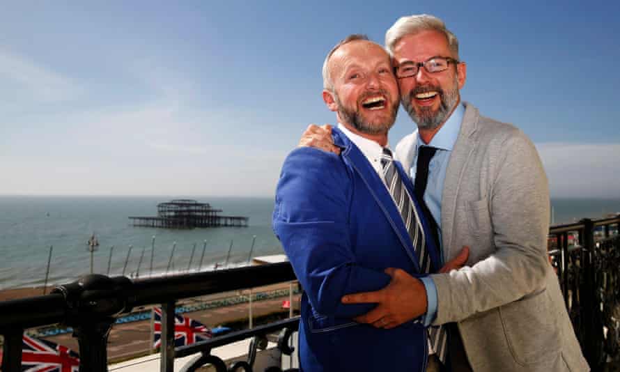 Andrew Wale and Neil Allard after marrying, in Brighton in 2014, in the first legal same-sex wedding in Britain.