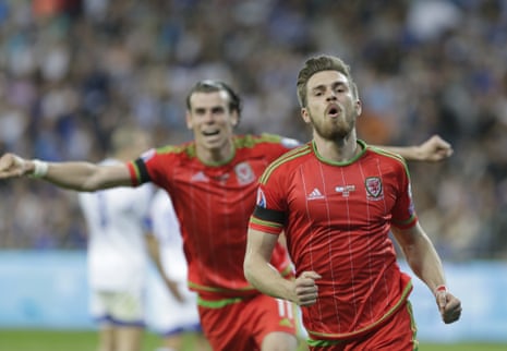 Aaron Ramsey, right and Gareth Bale celebrate after they scored.