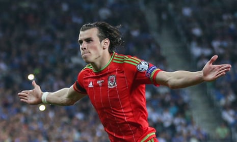 Gareth Bale celebrates after scoring the second goal for Wales.