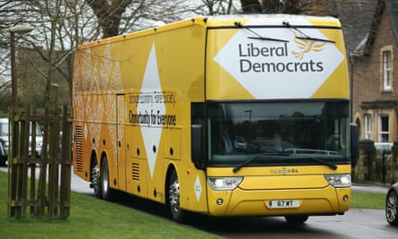 The Lib Dem battle bus boasts yellow mood lighting, a private booth for meetings and interviews, and a satellite radio transmitter.